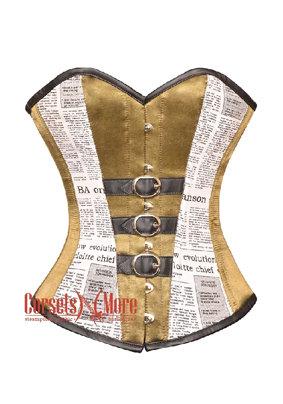 Alpine Yellow Satin Black Newspaper Print Cotton & Leather Belts Gothic Steampunk Bustier Waist Training Overbust Corset Costume