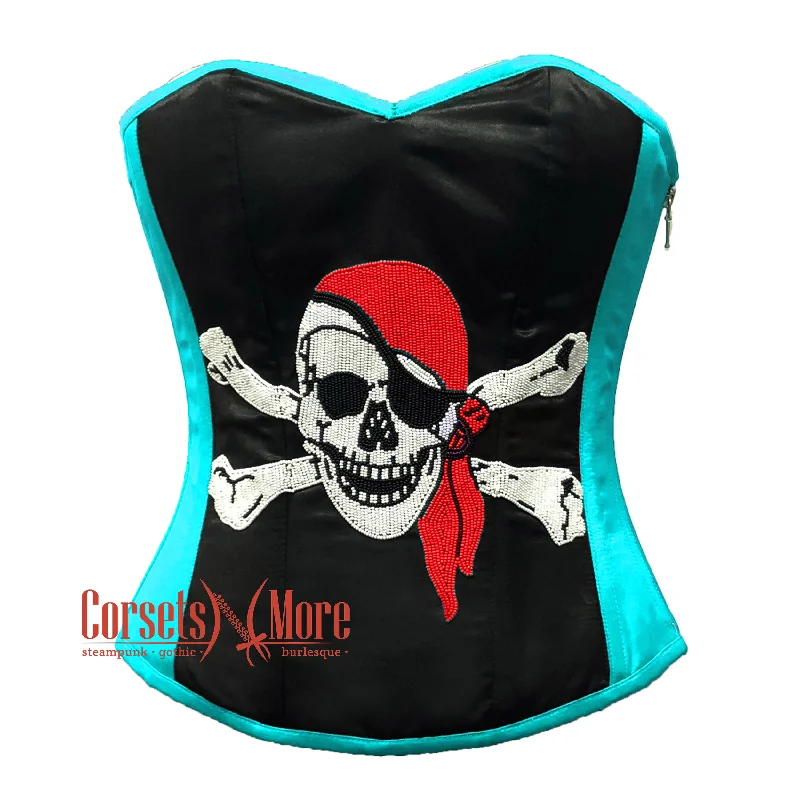 Baby Blue and Black Satin Pirate Sequins Hand Work Costume Bustier Steampunk Waist Cincher Overbust Top