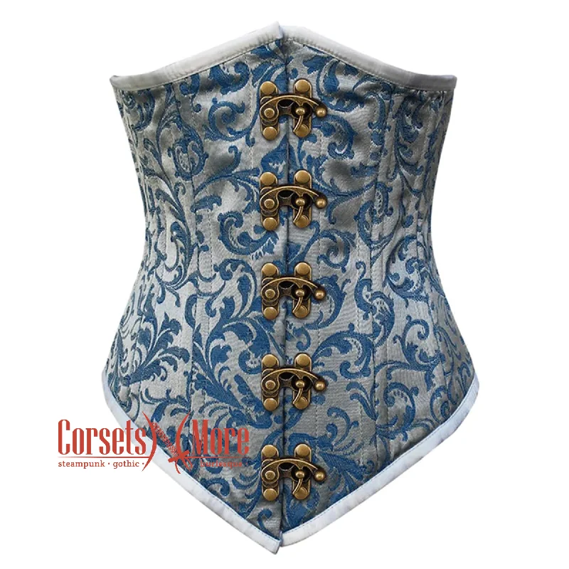 Baby Blue Brocade With Front Clasps Gothic Long Underbust Waist Training Double Bone Corset