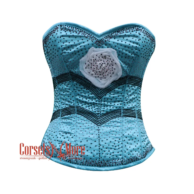 Baby Blue Satin Black Sequins White Flower Burlesque Gothic Corset Bustier Overbust