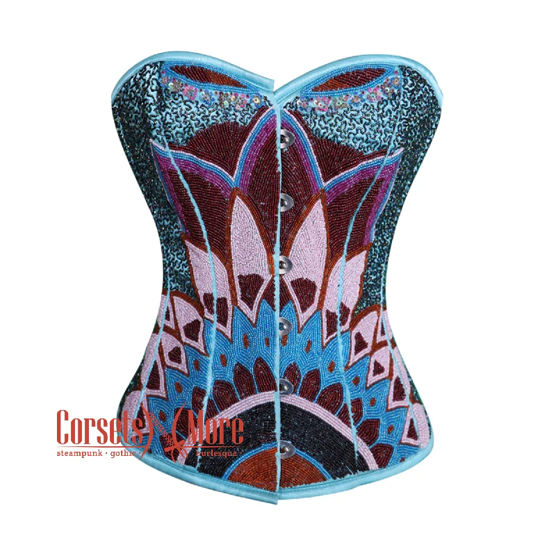 Baby Blue Satin Sequins Work Burlesque Waist Training Gothic Overbust Corset Top