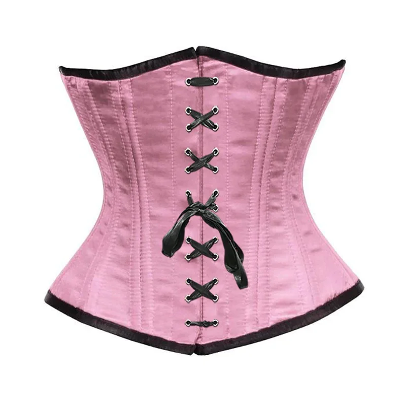 Baby Pink Satin Double Bone Front Black Ribbon Gothic Underbust Bustier Corset