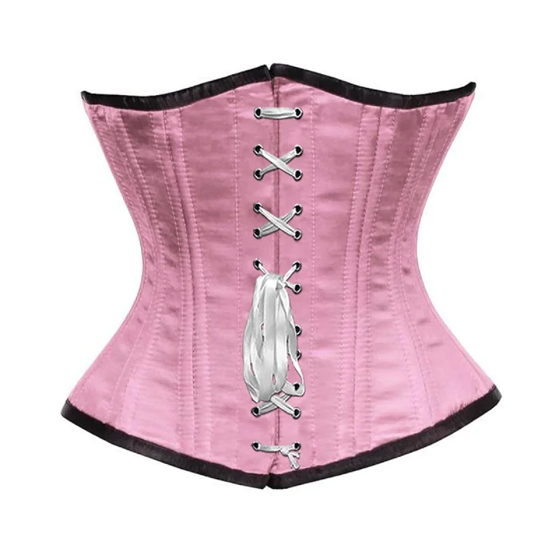 Baby Pink Satin Double Bone Front White Ribbon Gothic Underbust Bustier Corset