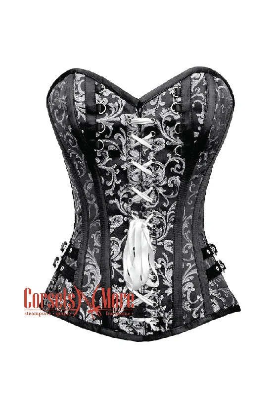 Black and Silver Brocade Front Lace Steampunk Overbust Costume Corset