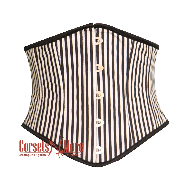 Black And White Stripe Poly Satin Underbust Costume Waist Cincher Basque Corset