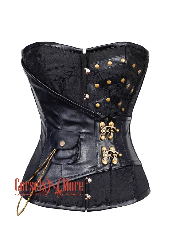 Black Brocade Leather Steampunk Overbust Costume Corset