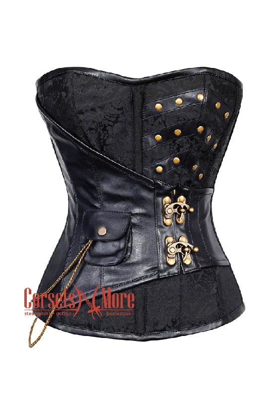 Black Brocade Leather Steampunk Overbust Costume Corset