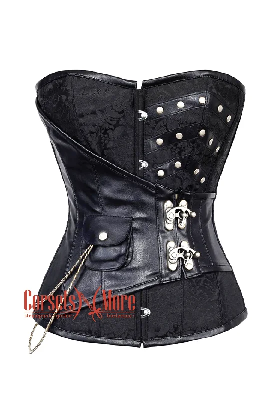 Black Brocade Leather Steampunk Overbust Costume Corset