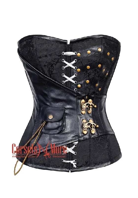 Black Brocade Leather With Front Lace Steampunk Overbust Costume Corset