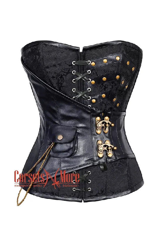 Black Brocade Leather With Front Lace Steampunk Overbust Costume Corset