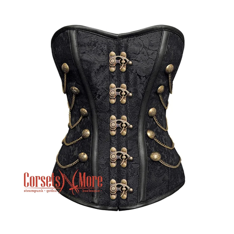 Black Brocade Steampunk Antique Clasps Waist Training Costume Gothic Corset Overbust Top