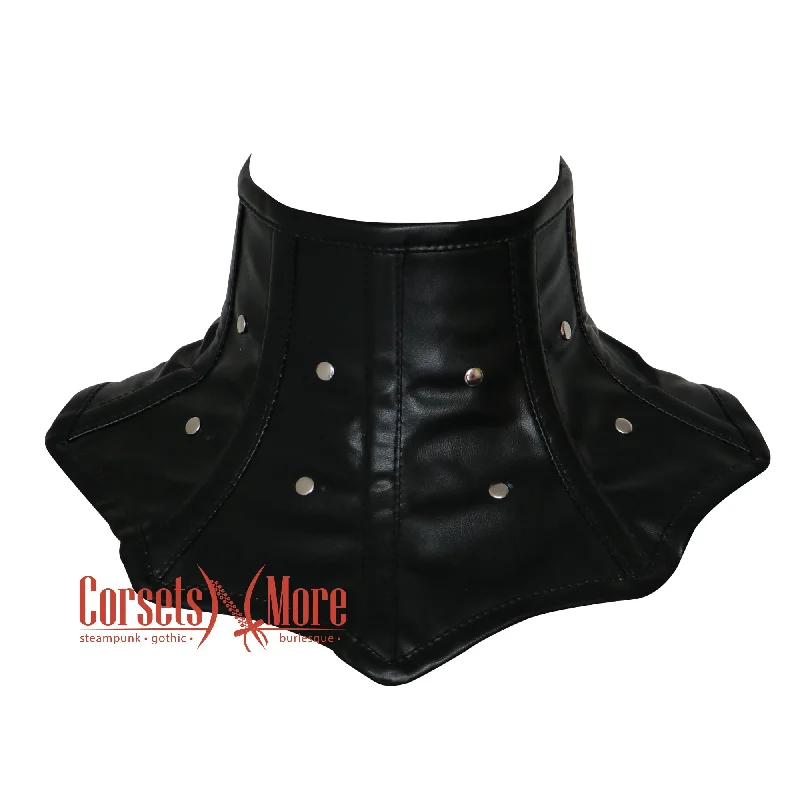 Black Leather with Silver Metal Embellishments Gothic Steampunk Neck Corset