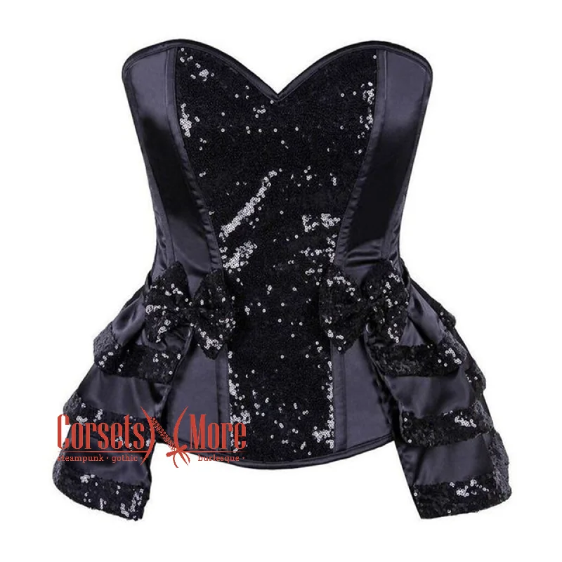 Black Satin Black Sequins Work Burlesque Gothic Overbust Bustier Corset