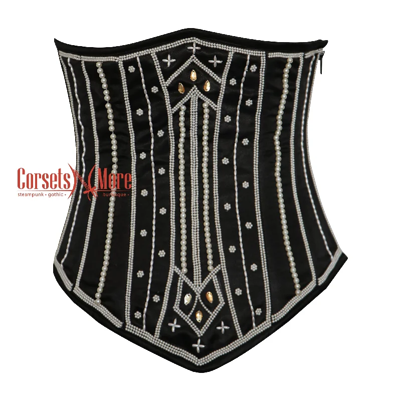 Black Satin White Sequins Burlesque Underbust Corset Christmas Costume