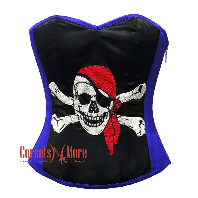 Blue and Black Satin Pirate Sequins Costume Bustier Steampunk Waist Cincher Overbust Top