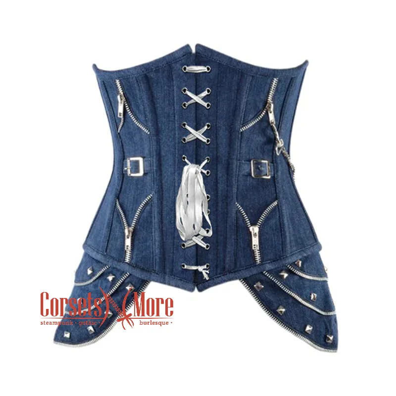 Blue Denim Gothic Heavy Duty Front Lace Steampunk Waist Training Underbust Corset