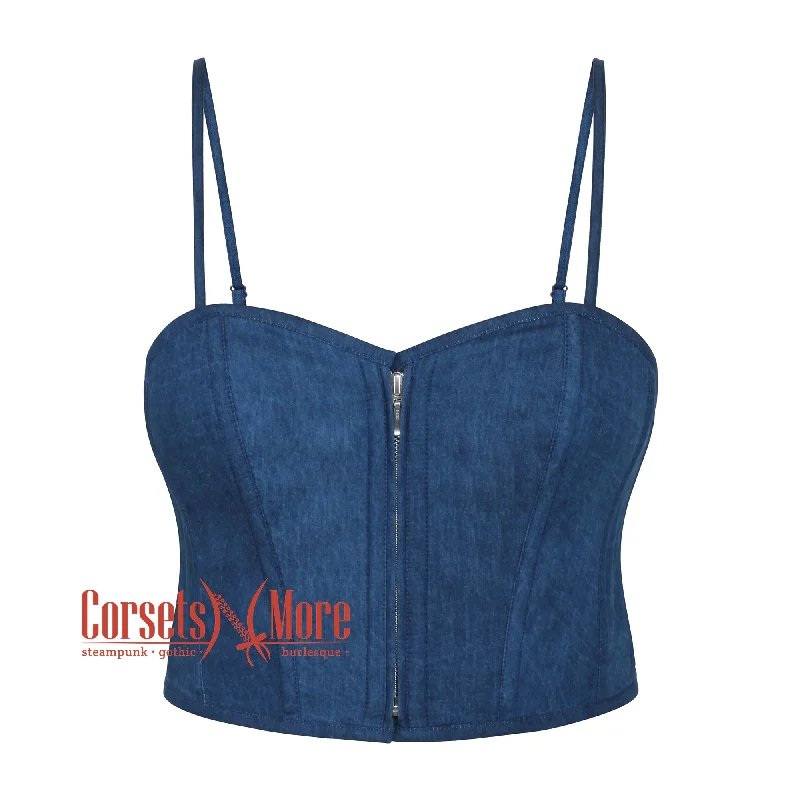 Blue Denim With Shoulder Straps Zipper Steampunk Gothic Crop Underbust Waist Training Corset