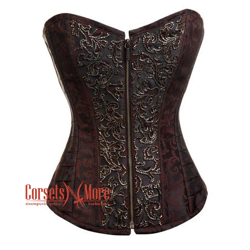 Brown And Black Brocade Sequins Work Burlesque Gothic Overbust Bustier Corset