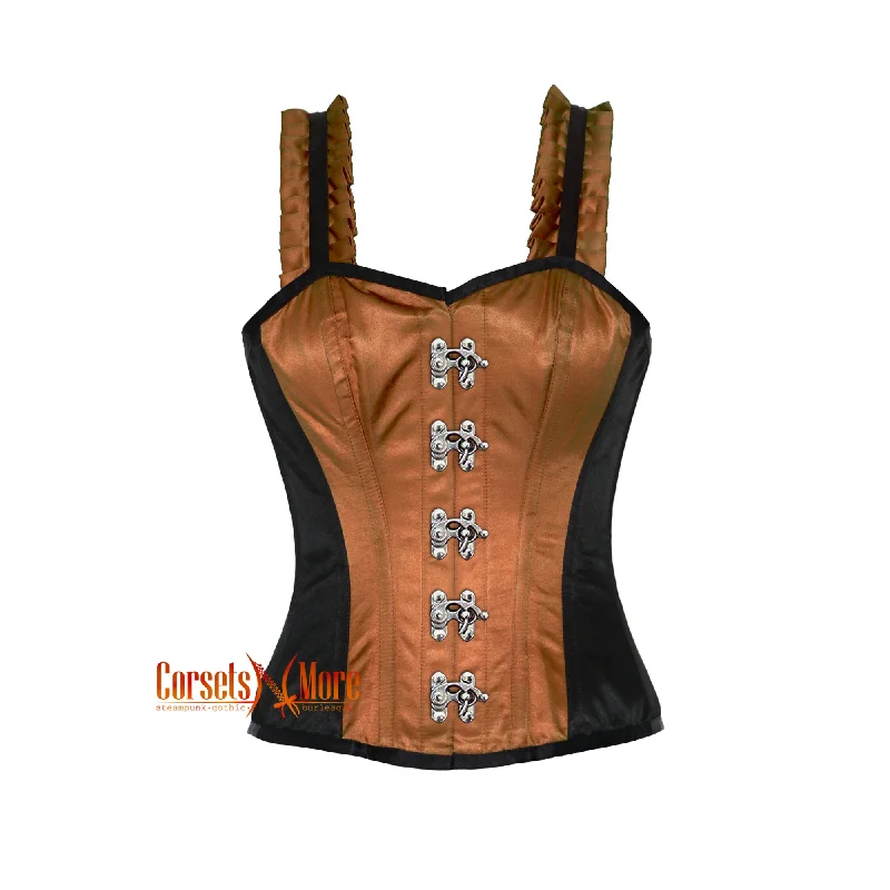 Brown And Black Satin Corset With Shoulder Strap Overbust Front Clasps Top