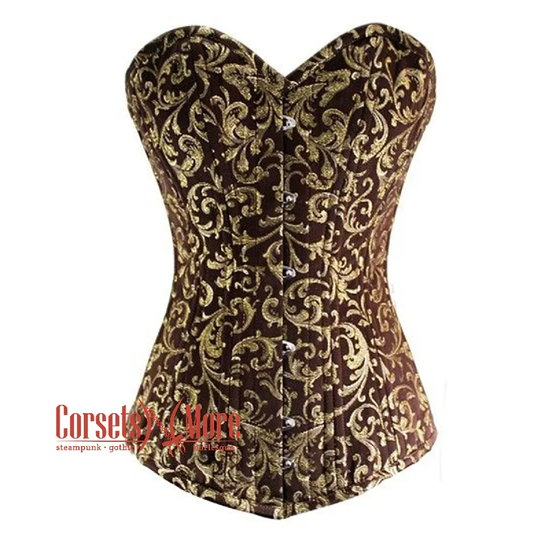 Brown And Golden Brocade Double Bone Long Steampunk Overbust Bustier Corset