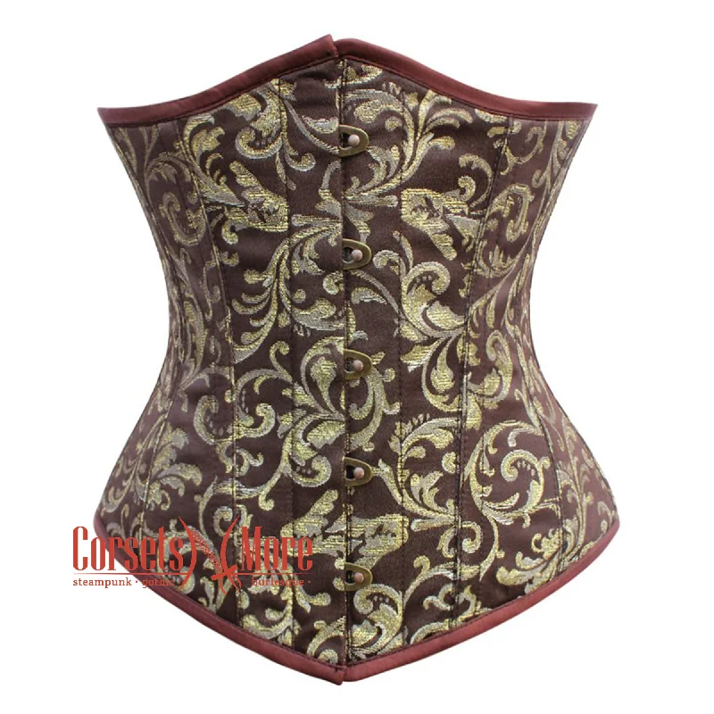 Brown and Golden Brocade Gothic Long Underbust Waist Training Corset