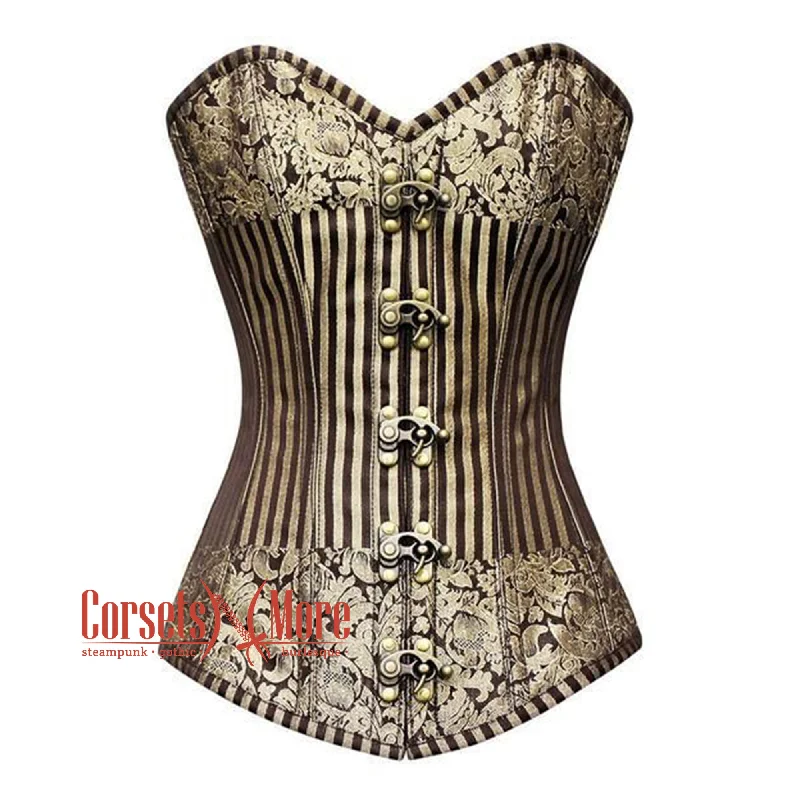 Brown And Golden Brocade Steampunk Heavy Duty Overbust Bustier Corset