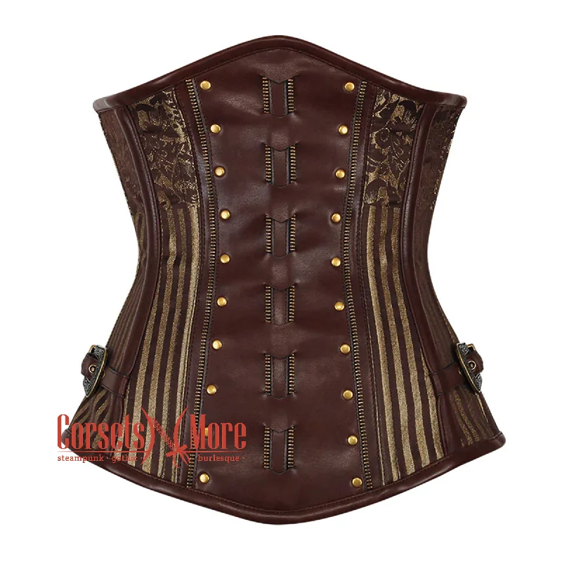 Brown and Golden Brocade With Brown Faux Leather Steampunk Heavy Duty Underbust Corset