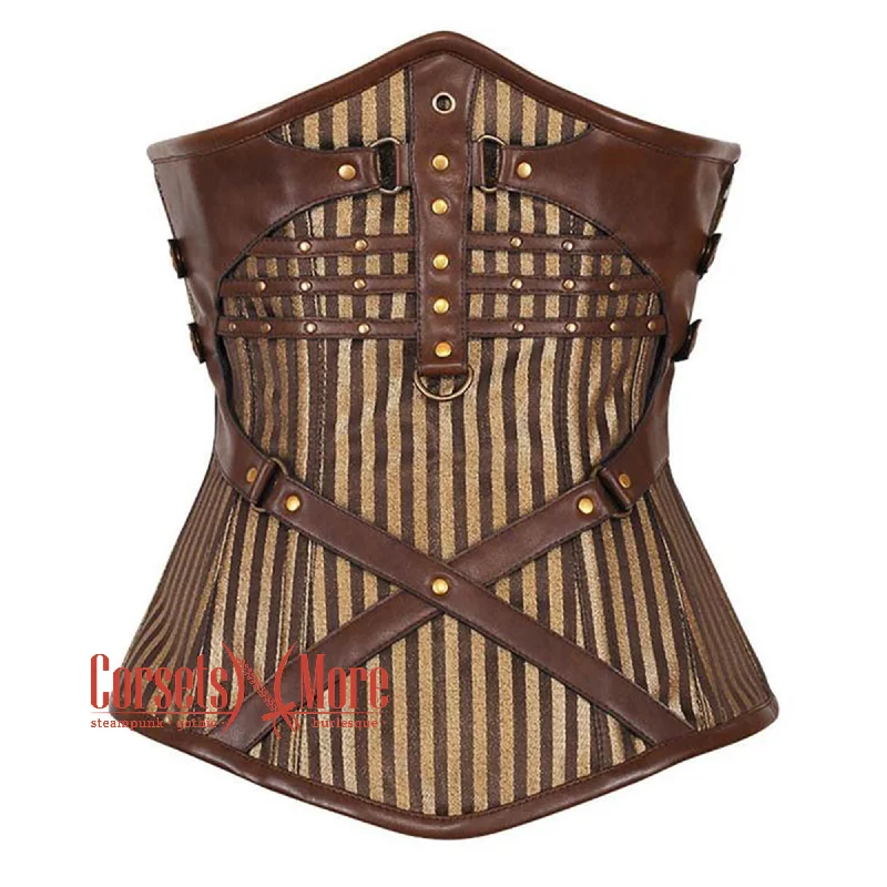 Brown and Golden Brocade With Brown Faux Leather Underbust Waist Training Corset