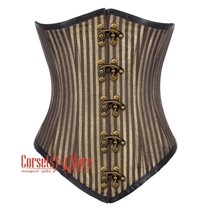 Brown and Golden Brocade With Front Clasps Gothic Long  Underbust Waist Training Corset