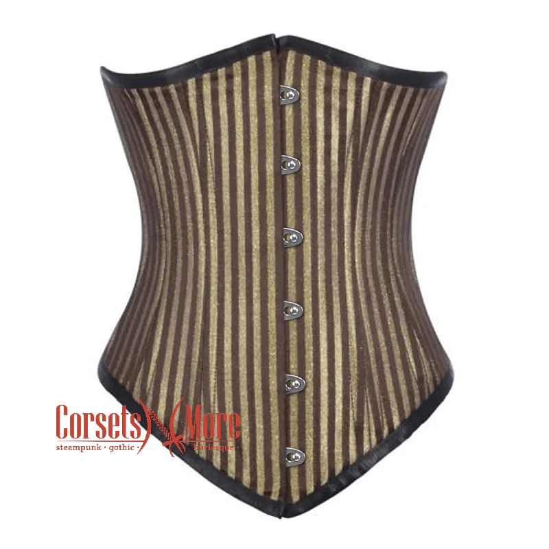 Brown and Golden Brocade With Front Silver Busk Gothic Long Underbust Waist Training Corset