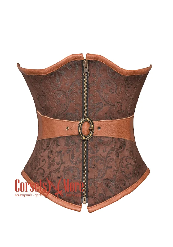 Brown Brocade & Leather Belt Gothic Steampunk Waist Training Bustier Underbust Corset Costume