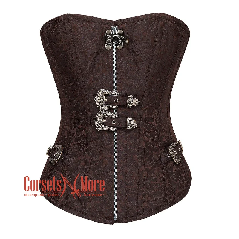 Brown Brocade Steampunk Front Zipper Gothic Overbust Corset