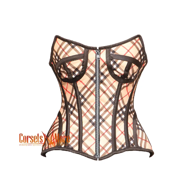 Checked Print Overbust Zipper Gothic Woman Waist Training Corset Bustier Top