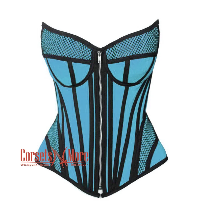 Baby Blue Satin black mesh Zipper Steampunk Overbust Bustier Corset