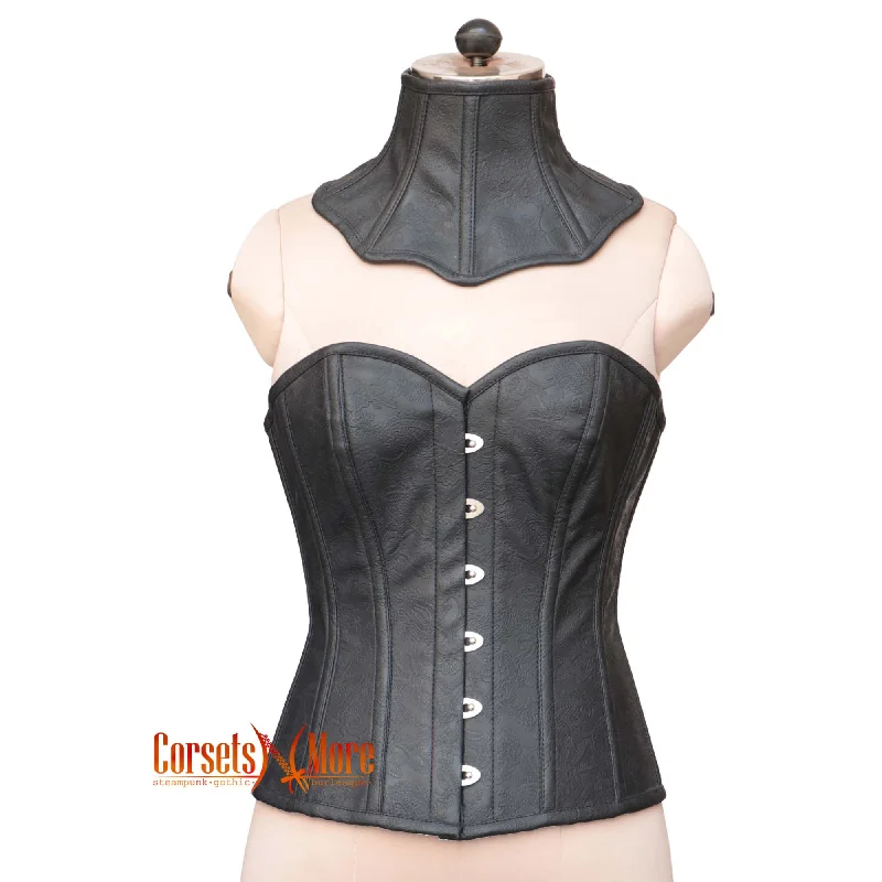 CorsetsNmore Women’s Black Floral Leather Gothic Overbust Corset With Neck  Posture Collar