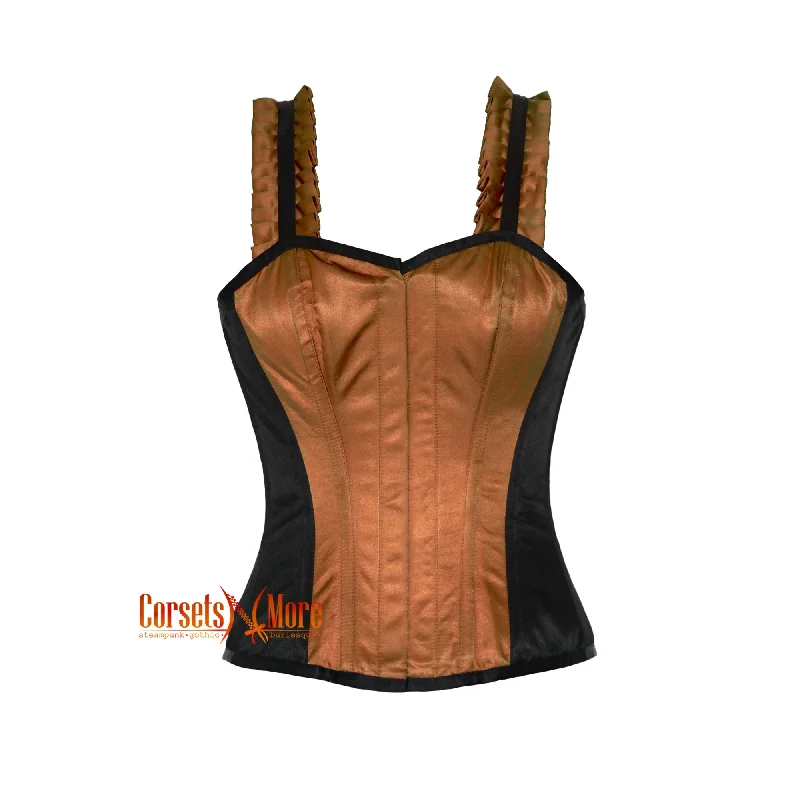 CorsetsNmore Women’s Brown And Black Satin Corset With Shoulder  Strap Overbust Front Close Top