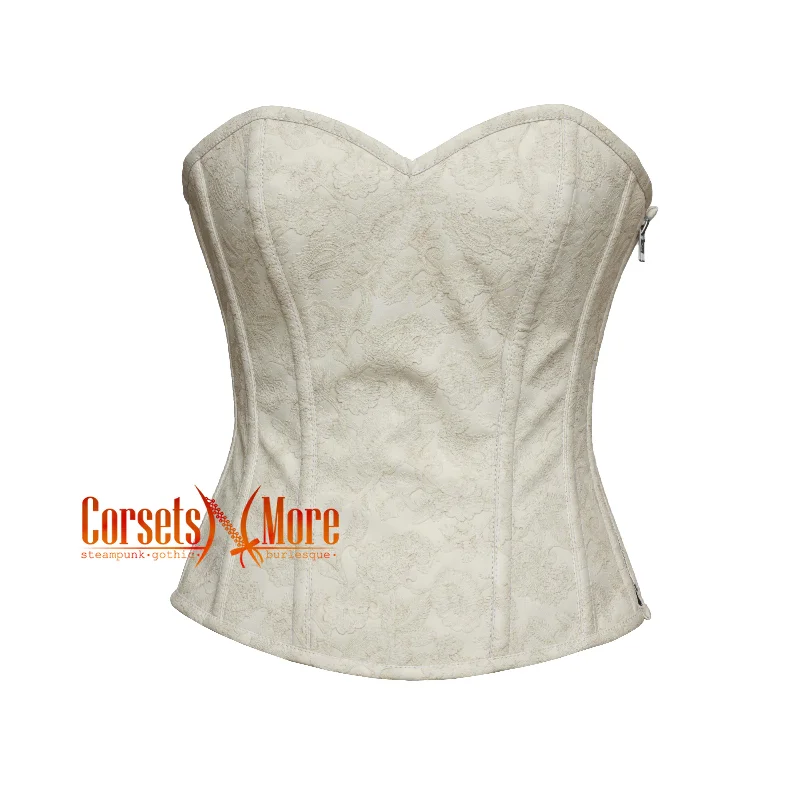 CorsetsNmore Women’s Ivory Floral Texture Leather Gothic Overbust Corset  Costume