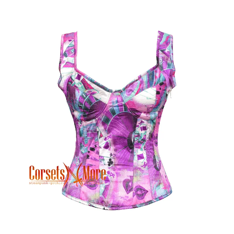 CorsetsNmore Women’s Printed Colorful Purple Satin Gothic Overbust With Shoulder Strap  Corset