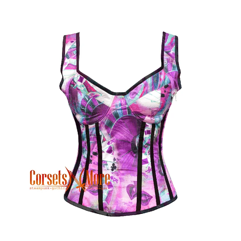 CorsetsNmore Women’s Printed Colourful Purple Satin With Black Stripes Gothic Overbust With  Shoulder Strap Corset