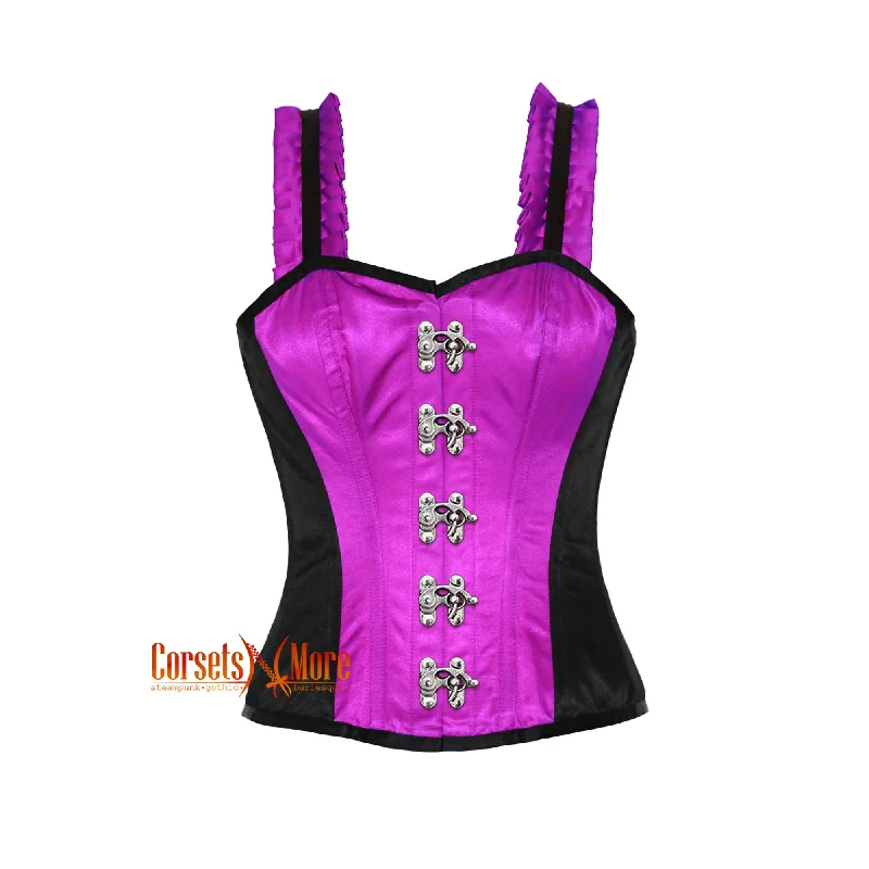 CorsetsNmore Women’s Purple And Black Satin Corset With Shoulder  Strap Overbust Front Clasps Top