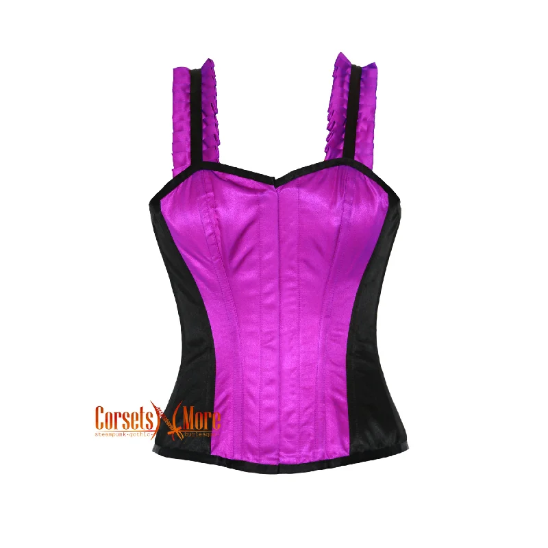 CorsetsNmore Women’s Purple And Black Satin Corset With Shoulder  Strap Overbust Front Close Top