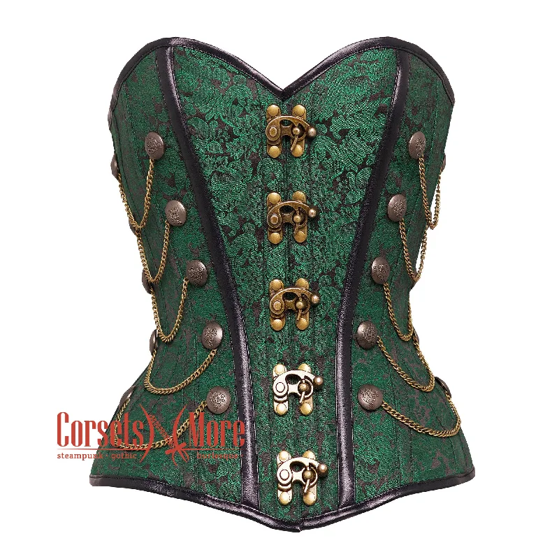 Green and Black Brocade Steampunk Antique Clasps Waist Training Costume Gothic Corset Overbust Top