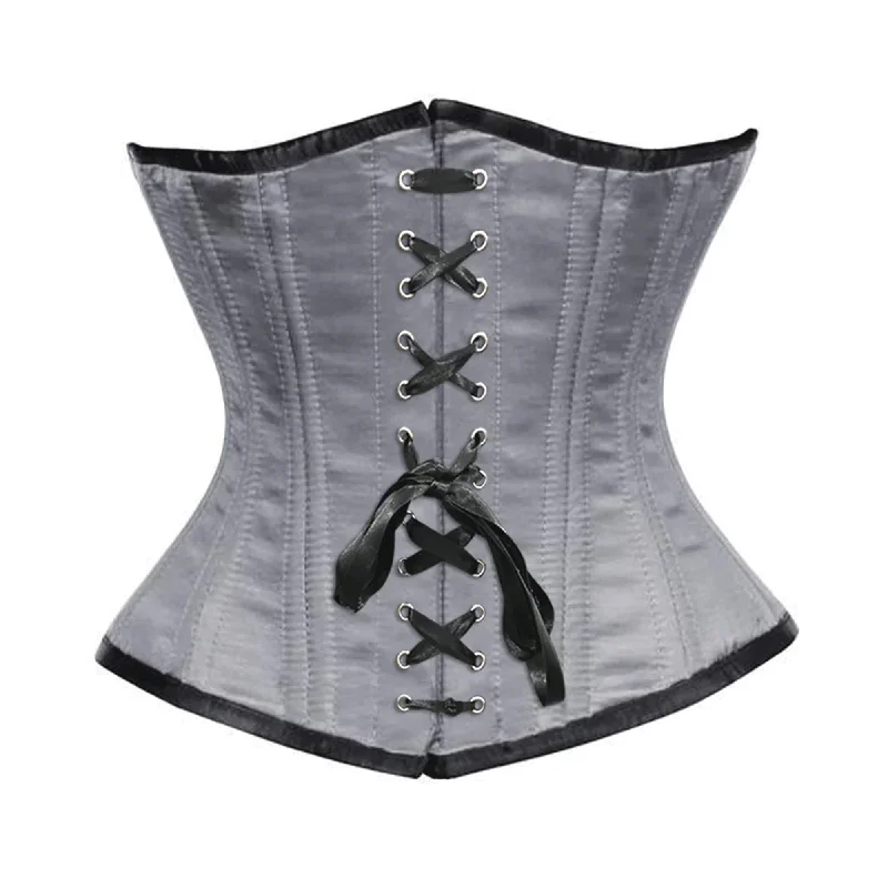 Grey Satin Double Bone Front Black Ribbon Gothic Underbust Bustier Corset