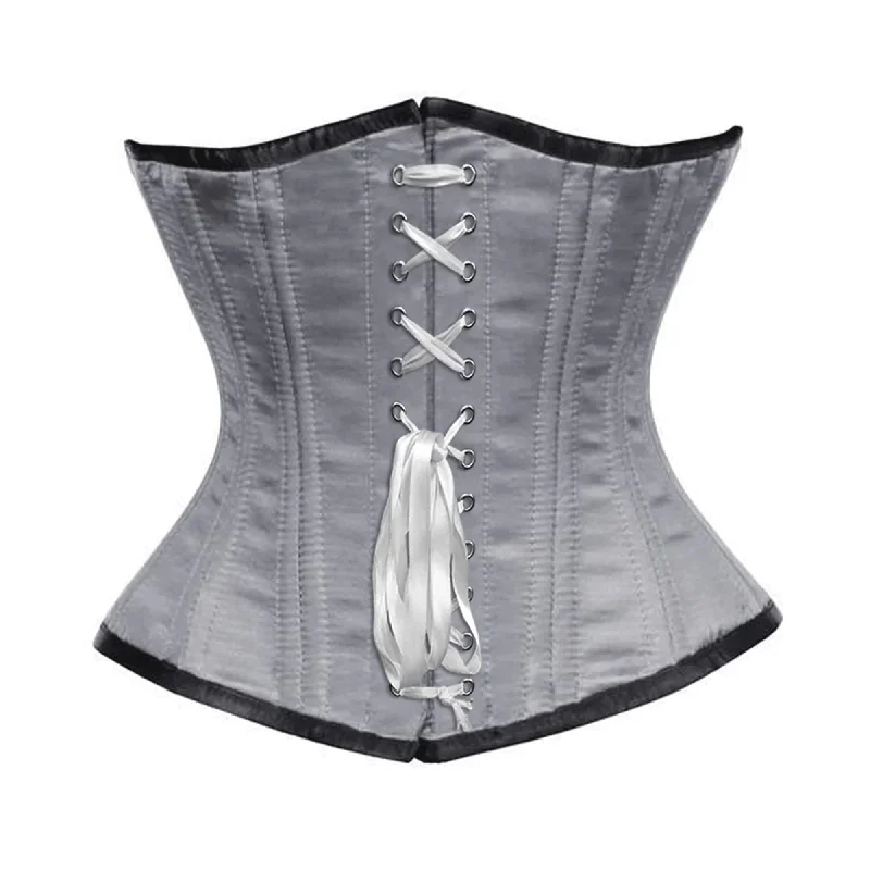 Grey Satin Double Bone Front White Ribbon Gothic Underbust Bustier Corset