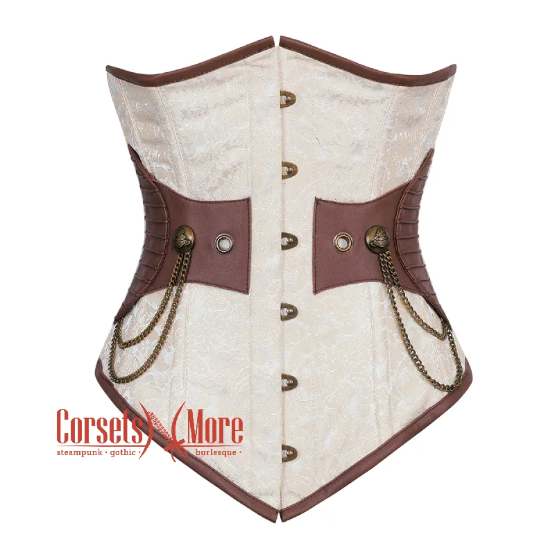 Ivory And White Brocade Brown Leather Steampunk Underbust Corset