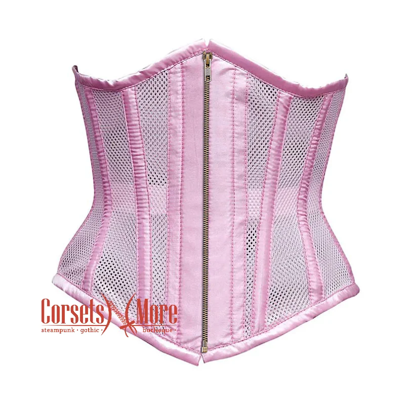 Plus Size Baby Pink Mesh Satin Stripes Burlesque Gothic Antique Zipper Waist Training Underbust Corset