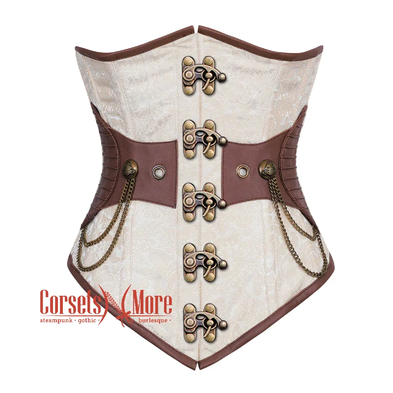 Plus Size Ivory And White Brocade Brown Leather Antique Clasps Steampunk Underbust Corset