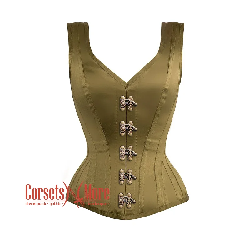 Plus Size Olive Green Satin Burlesque Shoulder Strap Antique Clasps Corset Gothic Overbust Bustier Top