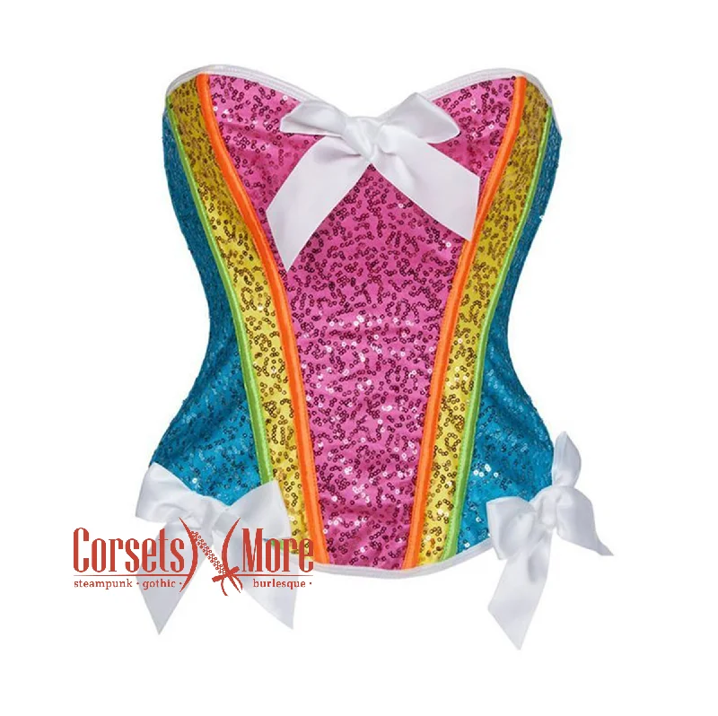 Purple Size Pink Blue Yellow Satin With Front White Bow Sequin Work Overbust Rainbow Corset Burlesque Top