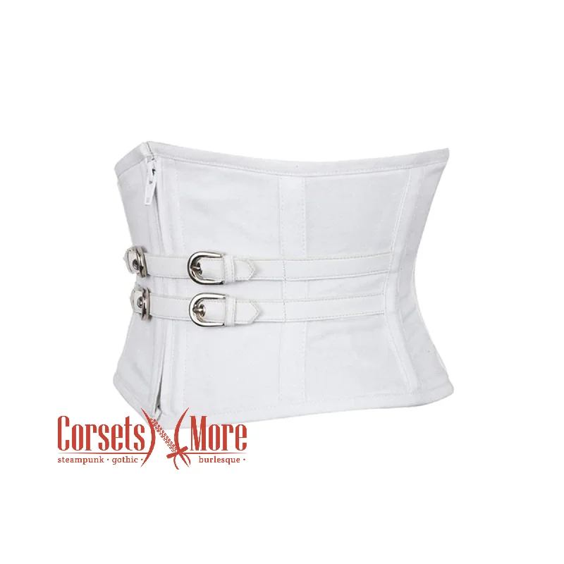 Plus Size White PVC Leather Zipper And Belt Design Steampunk Underbust Waspie Corset